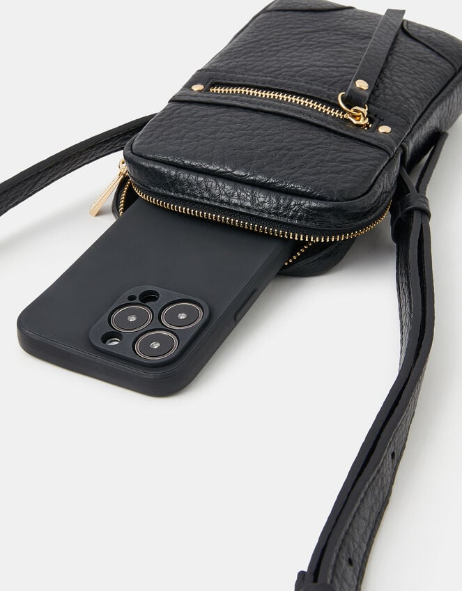 Faux Leather Crossbody Phone Bag, Black (BLACK), large