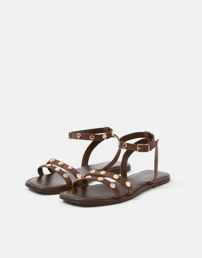 Shell Embellished Suede Sandals, Brown (CHOCOLATE), large