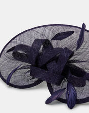 Woven Bow Feather Disc Fascinator, Blue (NAVY), large