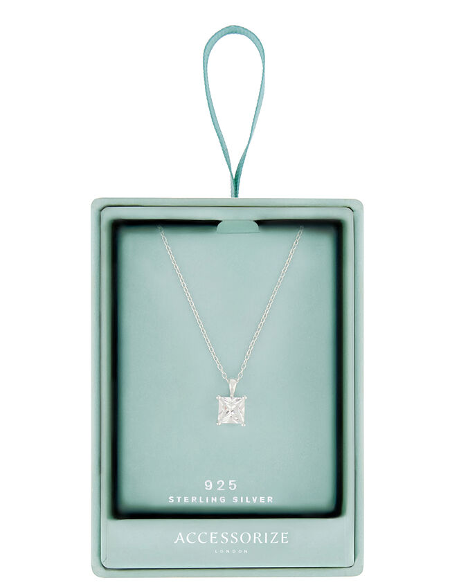 Sterling Silver Princess Cut Solitaire Necklace, , large