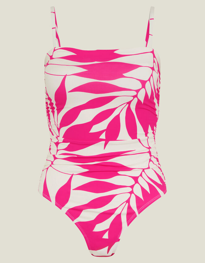 Ruched Palm Print Swimsuit, Pink (PINK), large