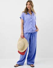 Lace Trim Linen Blend Shirt , Blue (LIGHT BLUE), large