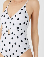 Polka-Dot Swimsuit with Waist Belt, Black (BLACK WHITE), large