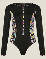 Long Sleeve Panel Swimsuit, Black (BLACK), large