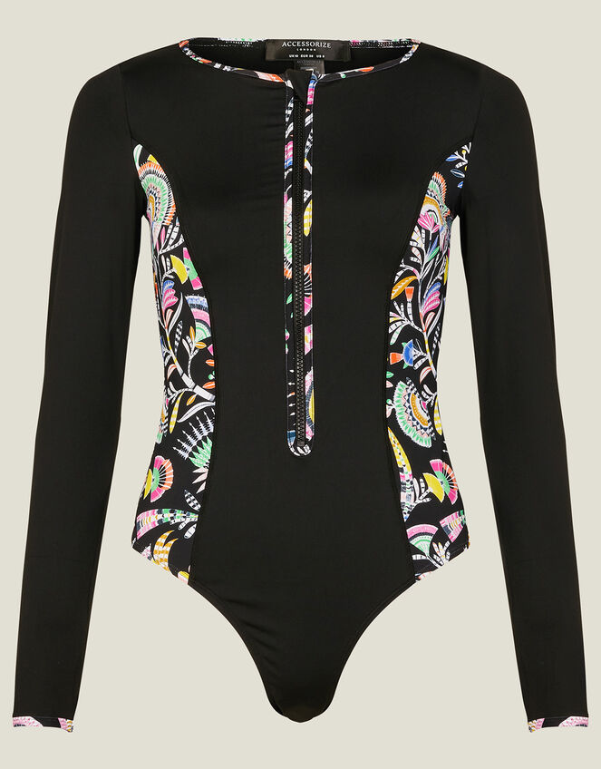 Long Sleeve Panel Swimsuit, Black (BLACK), large