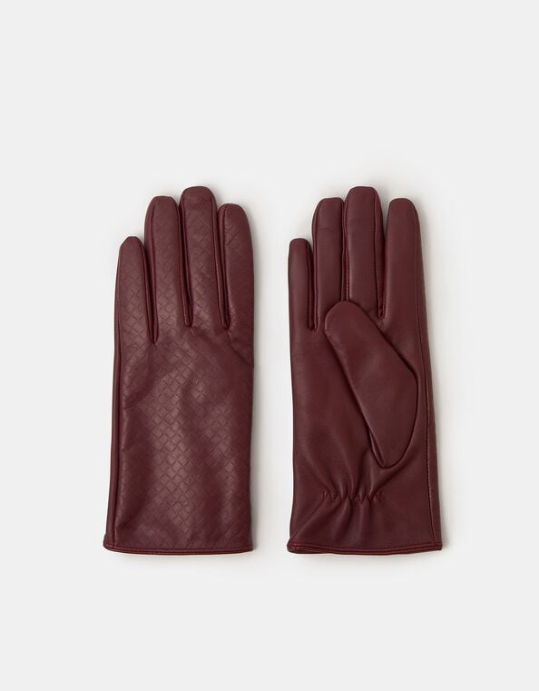 Woven Leather Gloves, Red (BURGUNDY), large
