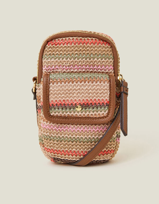 Stripe Raffia Cross-Body Phone Bag, , large