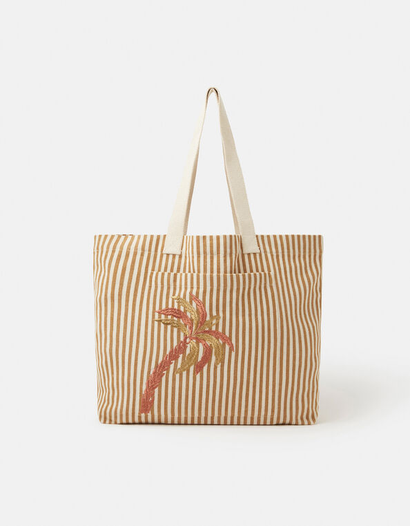 Stripe Palm Embroidered Shopper Bag, , large