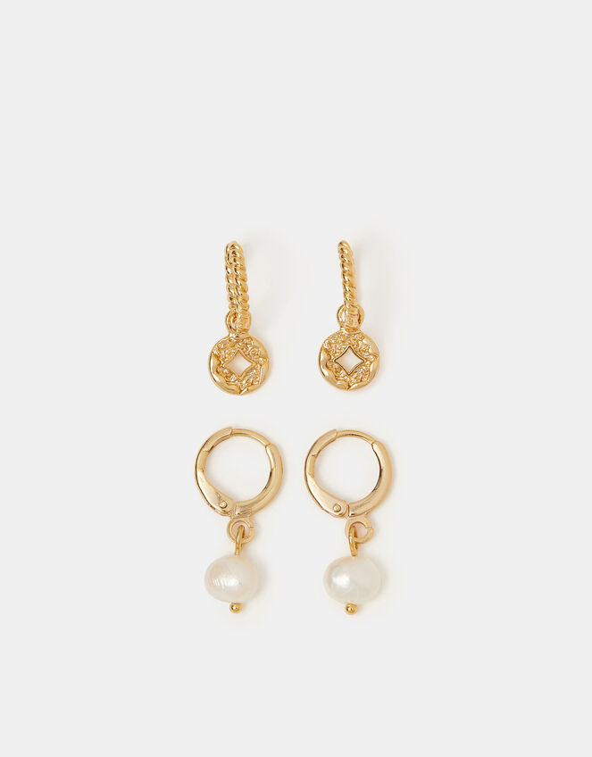 2-Pack 14ct Gold-Plated Pearl & Coin Hoop Earrings, , large