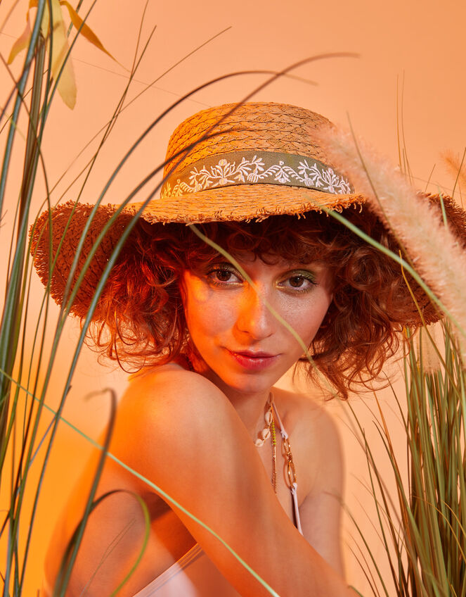 Embroidered Band Boater Hat, , large