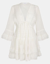 Broderie Ruffle Mini Kaftan Dress, White (WHITE), large