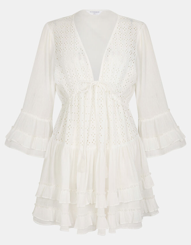 Broderie Ruffle Mini Kaftan Dress, White (WHITE), large