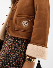 Floral Embroidered Suedette Jacket, Tan (TAN), large