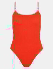 Beaded Strap Seersucker Swimsuit, Red (RED), large