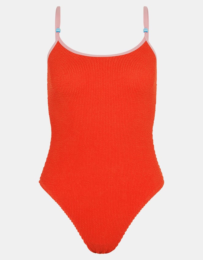 Beaded Strap Seersucker Swimsuit, Red (RED), large