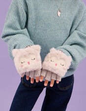 Girls Fluffy Owl Fingerless Gloves with Mittens, Natural (NATURAL), large