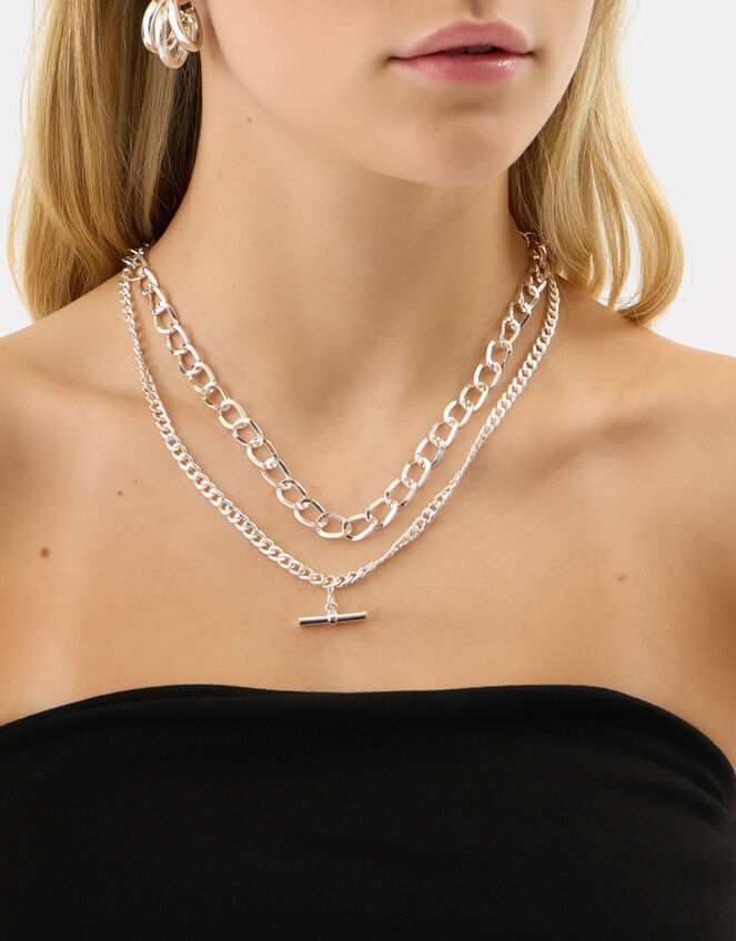 Layered T-Bar Chain Necklace, , large