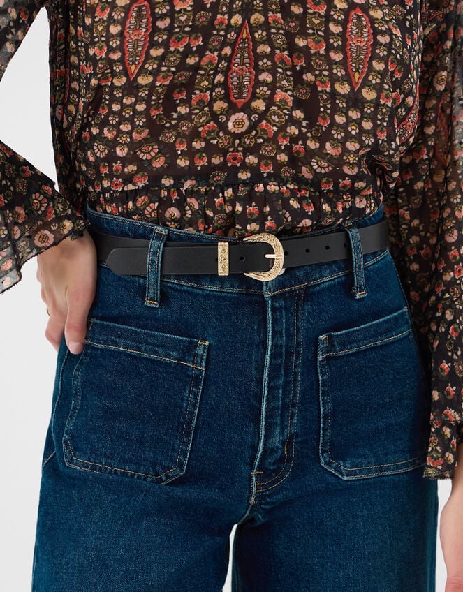 Leather Western Buckle Belt, Black (BLACK), large