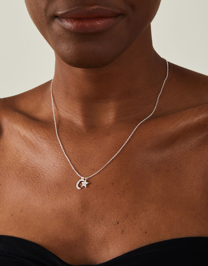 Sterling Silver-Plated Moon and Star Pendant Necklace, , large