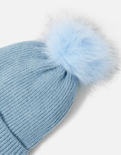 Knit Pom-Pom Beanie with Recycled Polyester, Blue (BLUE), large