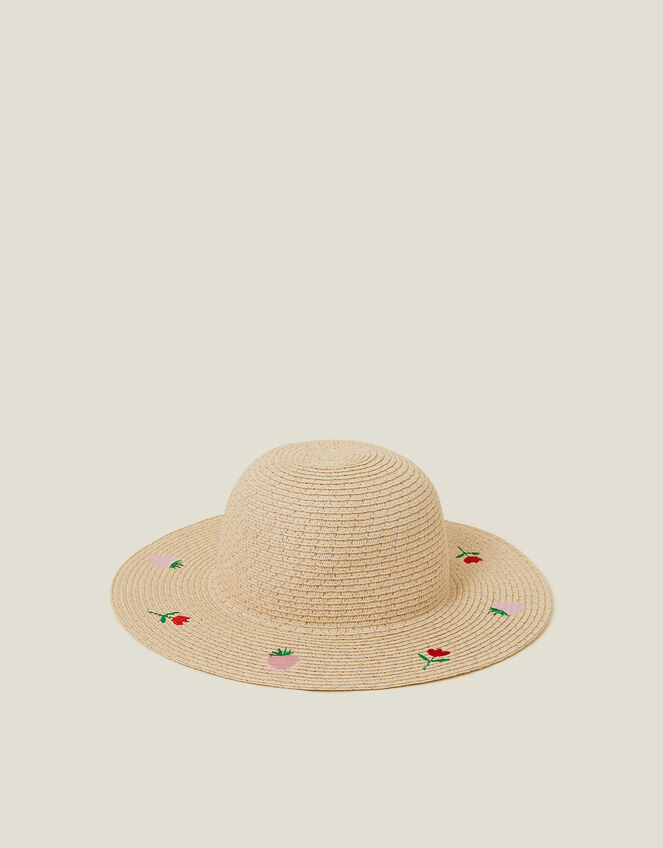 Girls Strawberry Embroidered Straw Hat, Natural (NATURAL), large