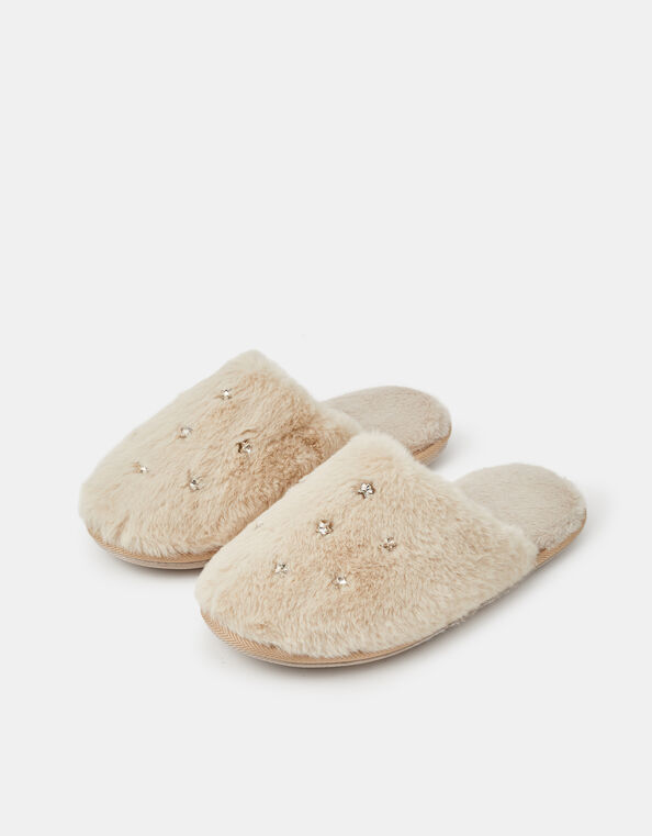 Embellished Faux Fur Slippers , Natural (NATURAL), large