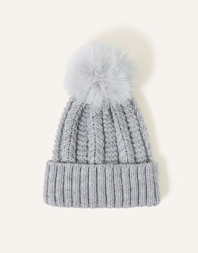 Pom-Pom Beanie Hat, Grey (GREY), large