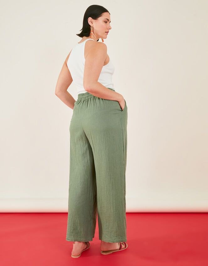 Crinkle Tie Waist Beach Trousers, Green (KHAKI), large