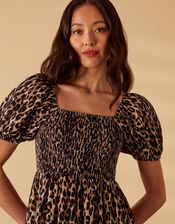 Leopard Print Shirred Puff Sleeve Dress, Brown (BROWN), large