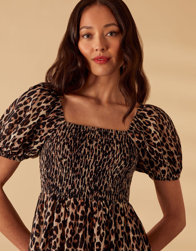 Leopard Print Shirred Puff Sleeve Dress, Brown (BROWN), large