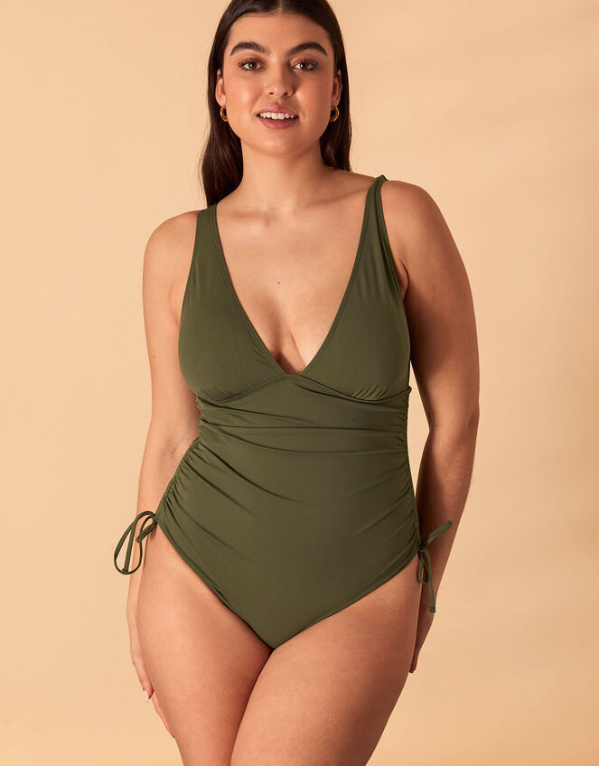Ruched Side Shaping Swimsuit, Green (KHAKI), large