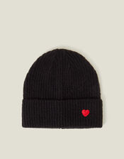 Embroidered Heart Beanie Hat, Black (BLACK), large