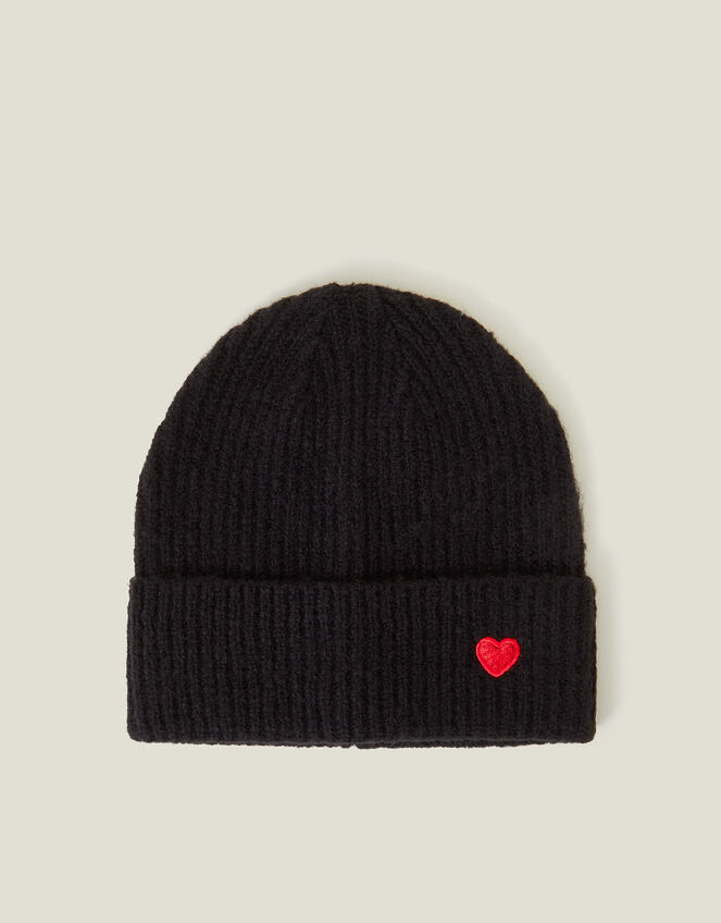 Embroidered Heart Beanie Hat, Black (BLACK), large