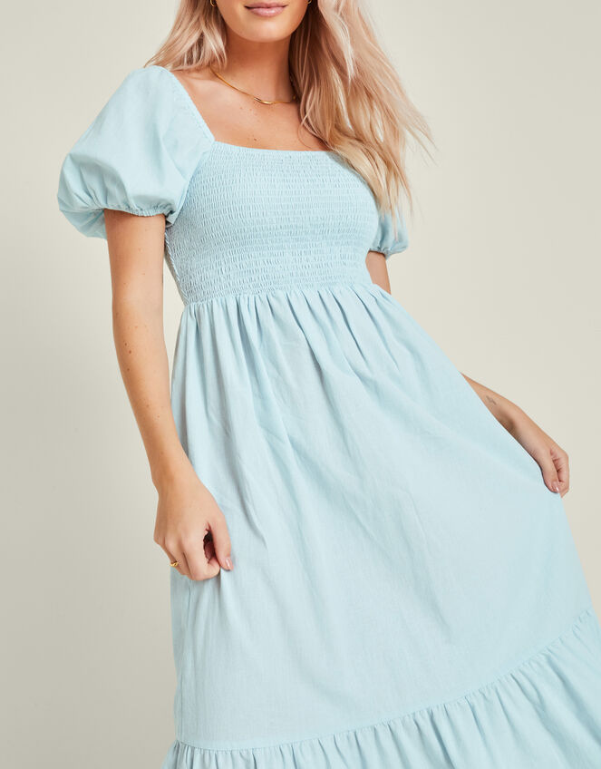 Puff Sleeve Smocked Midi Dress, Blue (PALE BLUE), large