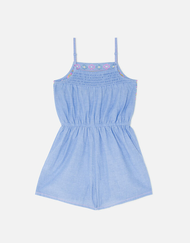 Girls Chambray Embroidered Playsuit, Multi (BRIGHTS-MULTI), large