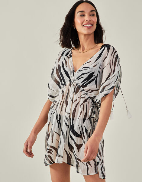 Zebra Print Metallic Kaftan, Ivory (IVORY), large