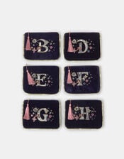 Embellished Initial Velvet Pouch , Blue (NAVY), large