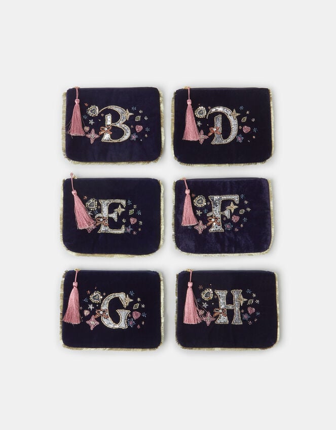 Embellished Initial Velvet Pouch , Blue (NAVY), large