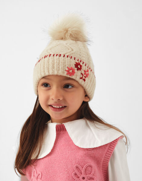 Girls Flower Cable Knit Bobble Hat, Natural (NATURAL), large