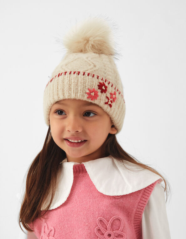 Girls Flower Cable Knit Bobble Hat, Natural (NATURAL), large