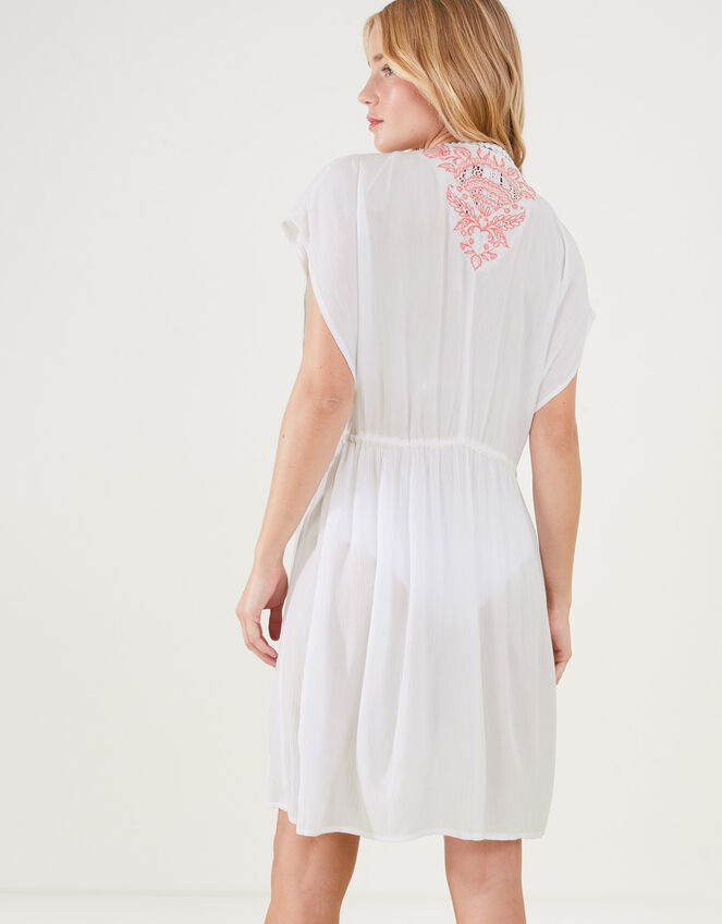 Shell Embroidered Tie Waist Kaftan, White (WHITE), large
