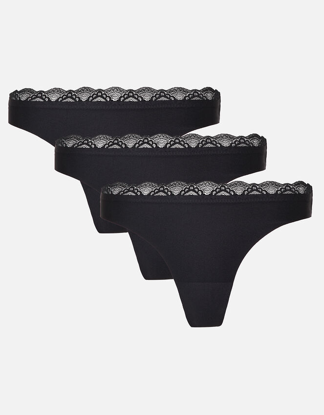 Lace Trim Seamless Thong Multipack, Black (BLACK), large