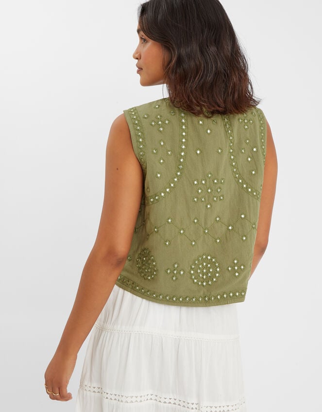 Mirror Embellished Quilted Waistcoat, Green (KHAKI), large