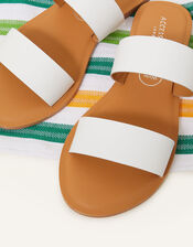 Two Strap Leather Wide Fit Sliders , White (WHITE), large