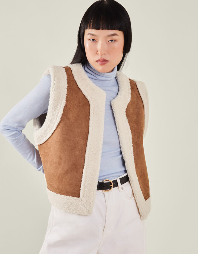 Grace & Mila Faux Shearling Gilet, Camel (CAMEL), large