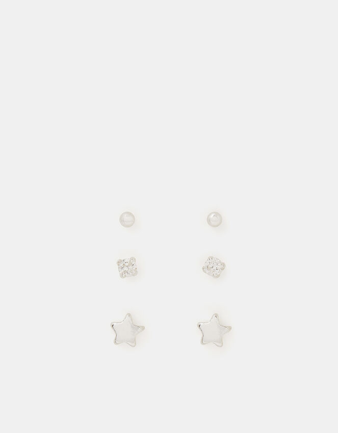 3-Pack Sterling Silver Star Stud Earrings, , large
