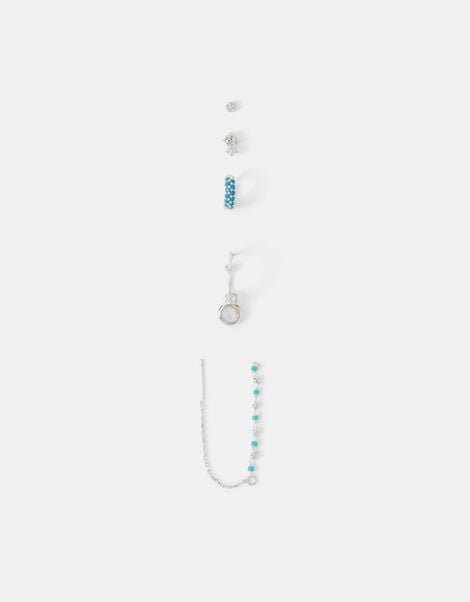 5-Pack Sterling Silver-Plated Blue Stone Stud & Hoop Earrings, , large