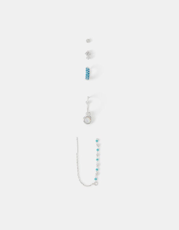 5-Pack Sterling Silver-Plated Blue Stone Stud & Hoop Earrings, , large