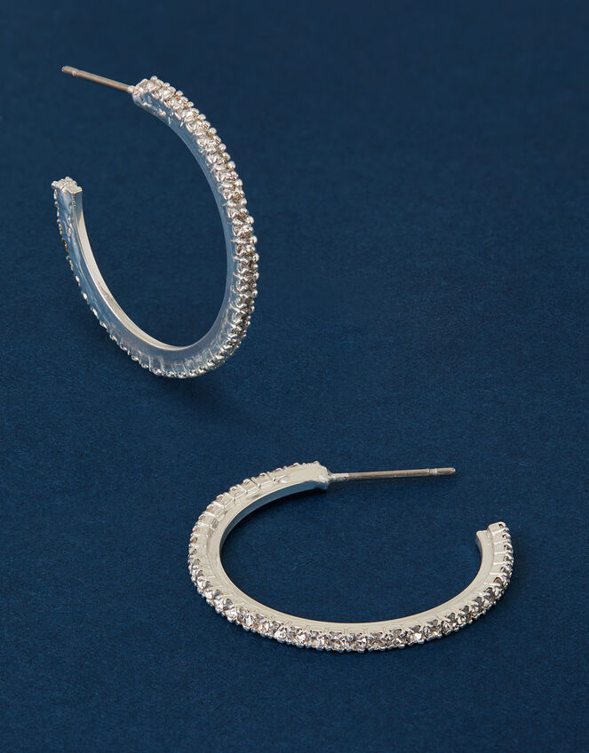 Sterling Silver-Plated Pavé Hoop Earrings, , large