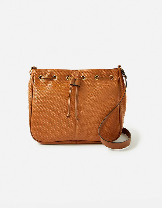 Drawstring Weave Shoulder Bag, Tan (TAN), large